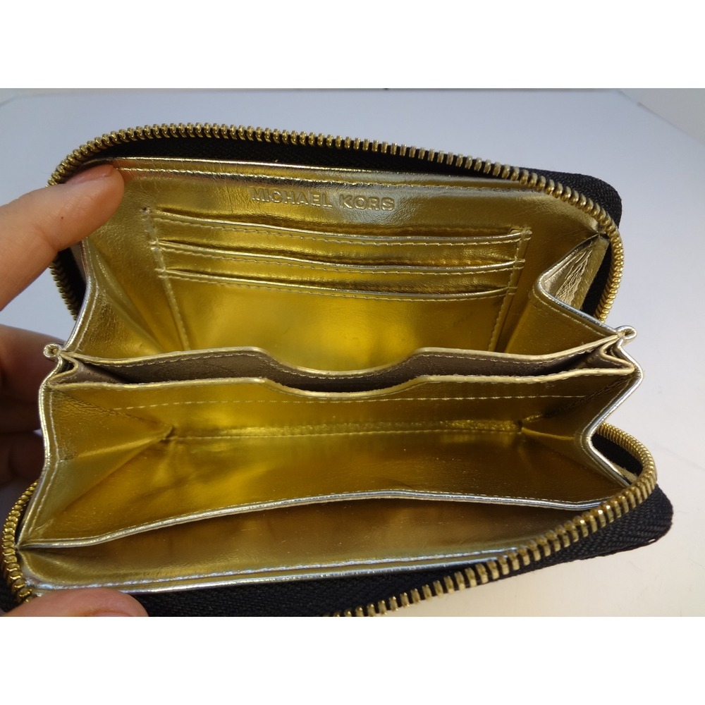 Michael Kors Black Snakeskin Print Zip Around Wristlet Metallic gold interior - Picture 4 of 10